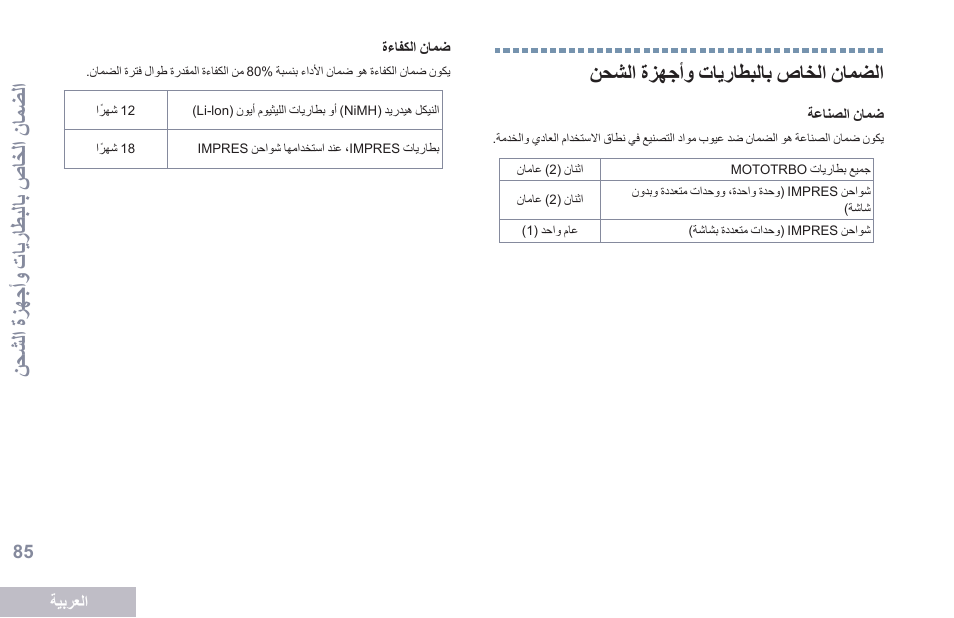 الضمان الخاص بالبطاريات وأجهزة الشحن, 85 نوشات ةزهجأح المرلطبات نليض | Motorola DP 2600 User Manual | Page 896 / 900