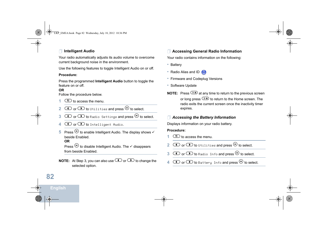 Intelligent audio, Accessing general radio information, Accessing the battery information | Motorola DP 2600 User Manual | Page 92 / 900