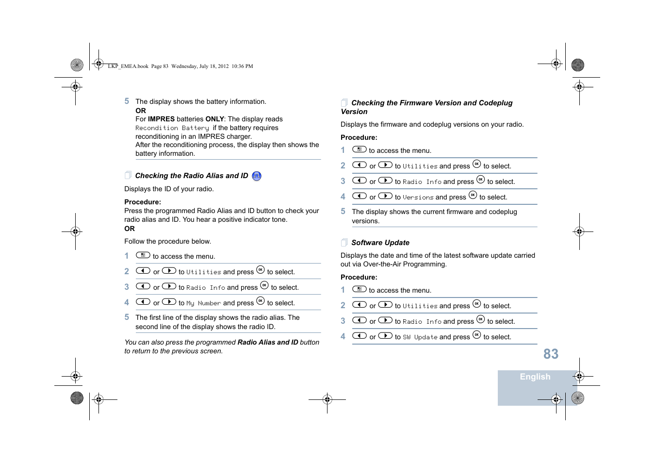 Checking the radio alias and id, Checking the firmware version and codeplug version, Software update | Motorola DP 2600 User Manual | Page 93 / 900