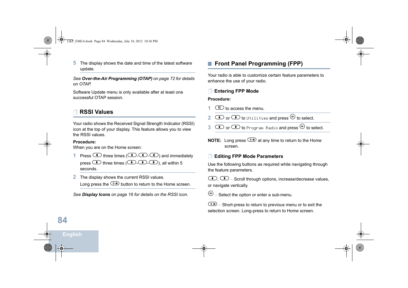 Rssi values, Front panel programming (fpp), Entering fpp mode | Editing fpp mode parameters, Rssi values front panel programming (fpp), Entering fpp mode editing fpp mode parameters | Motorola DP 2600 User Manual | Page 94 / 900