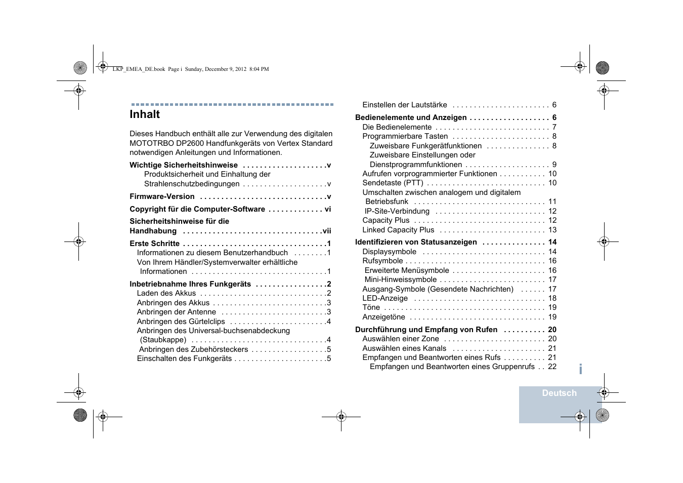 Deutsch, Inhalt | Motorola DP 2600 User Manual | Page 99 / 900