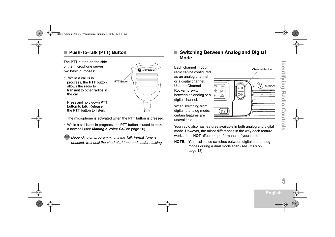 Push-to-talk (ptt) button, Switching between analog and digital mode, Identi fy ing radio con tr o ls | Motorola DM 3400-3401 User Manual | Page 10 / 26