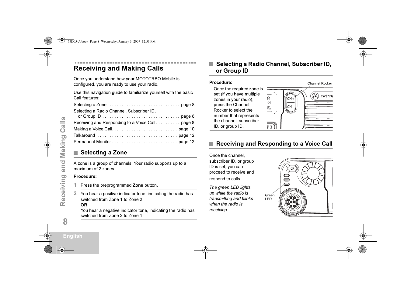 Receiving and making calls, Selecting a zone, Receiving and responding to a voice call | Or group id, Re c e iv ing and ma ki ng calls | Motorola DM 3400-3401 User Manual | Page 13 / 26