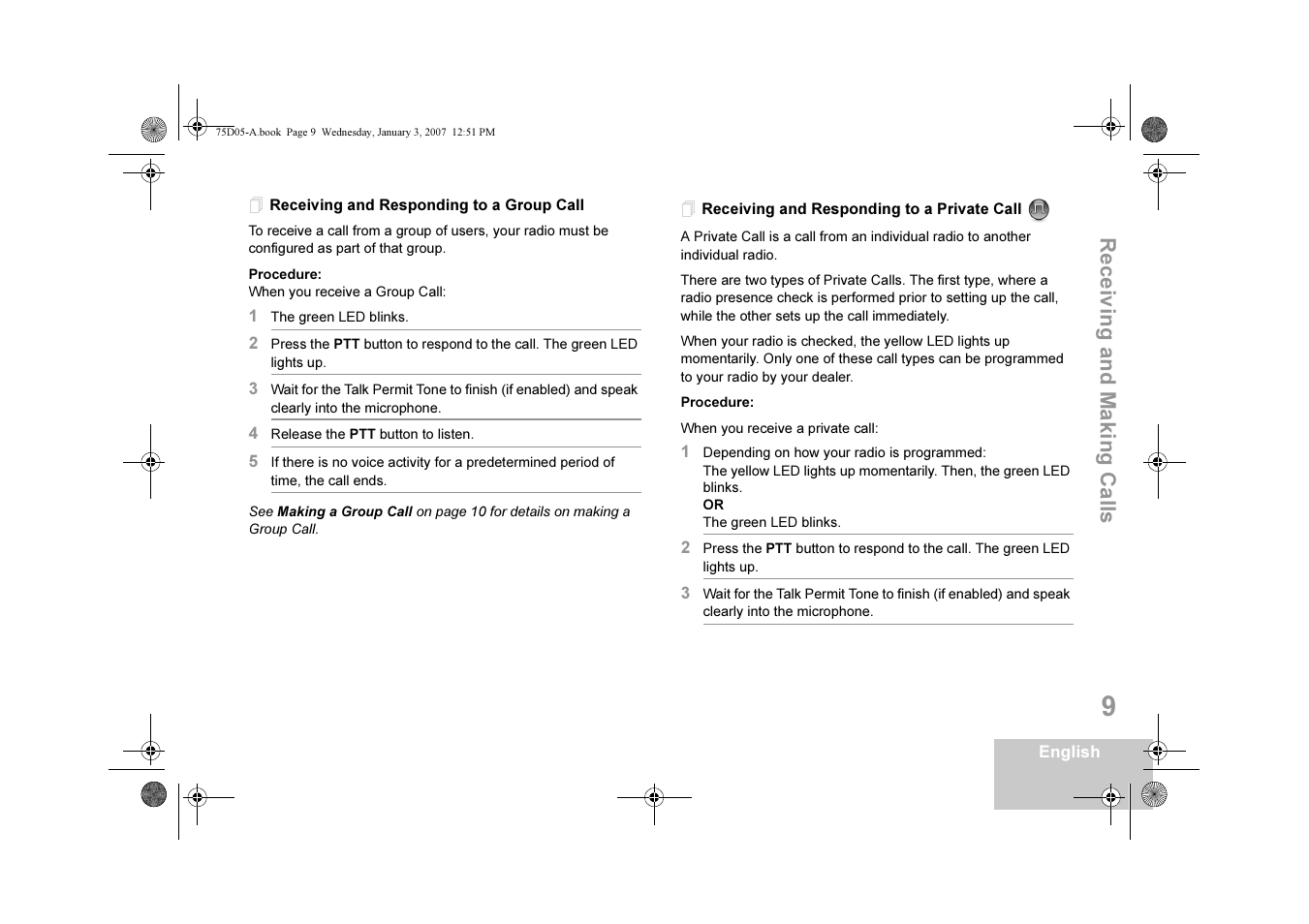 Receiving and responding to a group call, Receiving and responding to a private call | Motorola DM 3400-3401 User Manual | Page 14 / 26