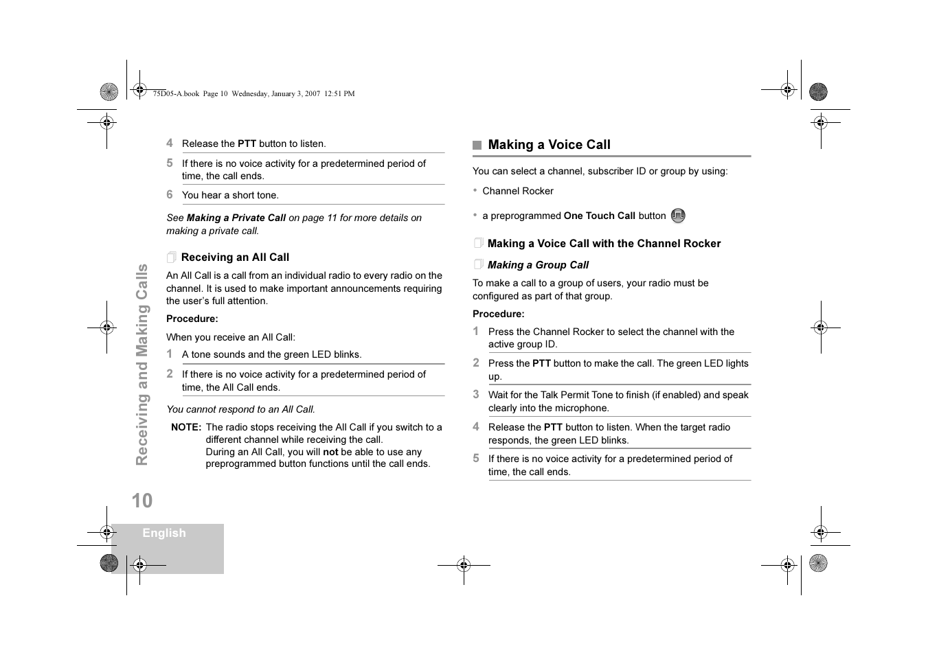 Receiving an all call, Making a voice call, Making a voice call with the channel rocker | Making a group call | Motorola DM 3400-3401 User Manual | Page 15 / 26