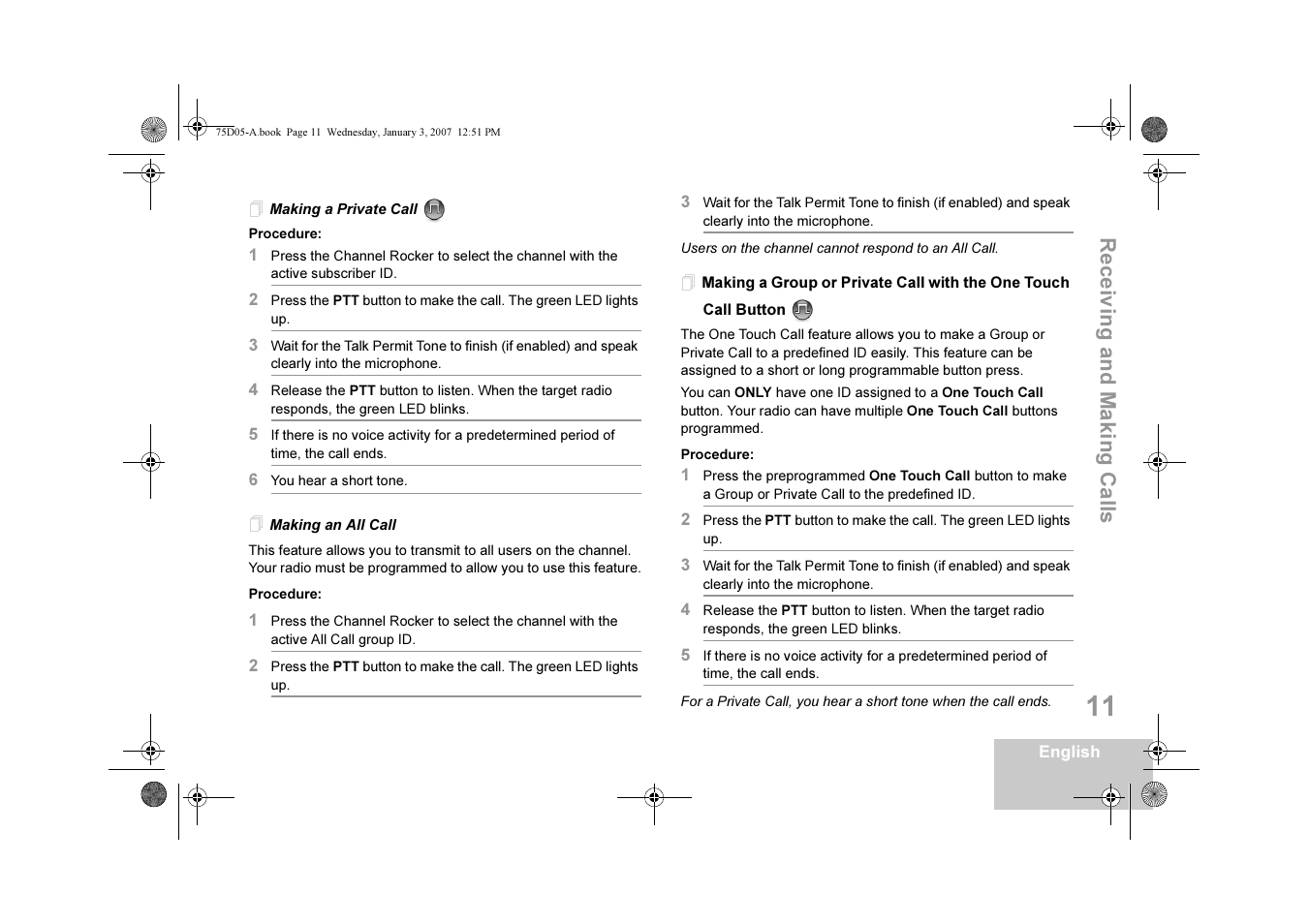 Making a private call, Making an all call, Making a private call making an all call | Rec e iv ing and mak ing call s | Motorola DM 3400-3401 User Manual | Page 16 / 26