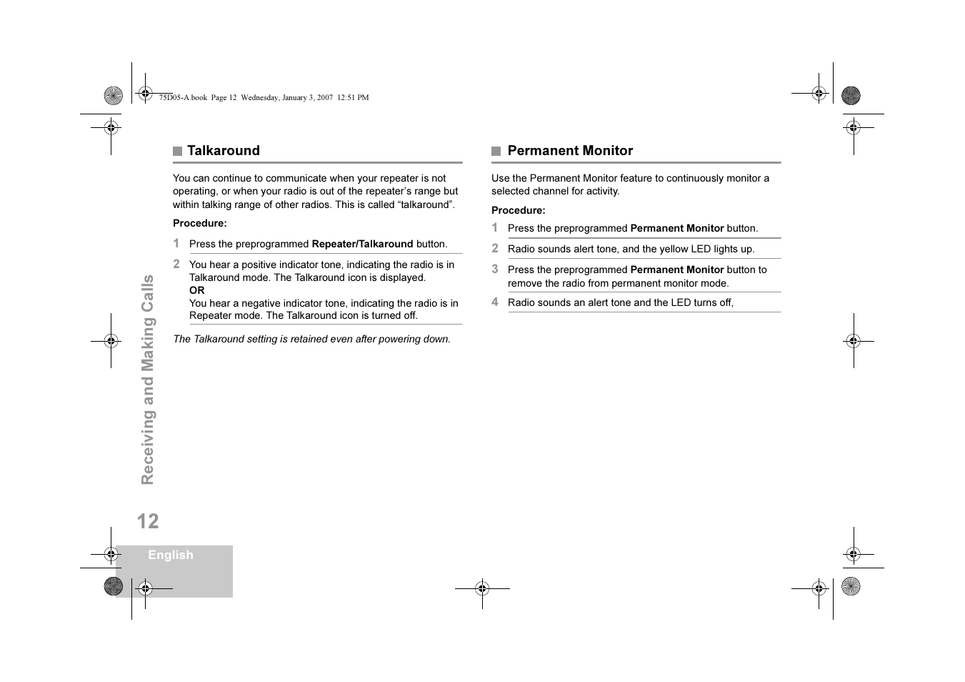 Talkaround, Permanent monitor, Talkaround permanent monitor | Motorola DM 3400-3401 User Manual | Page 17 / 26