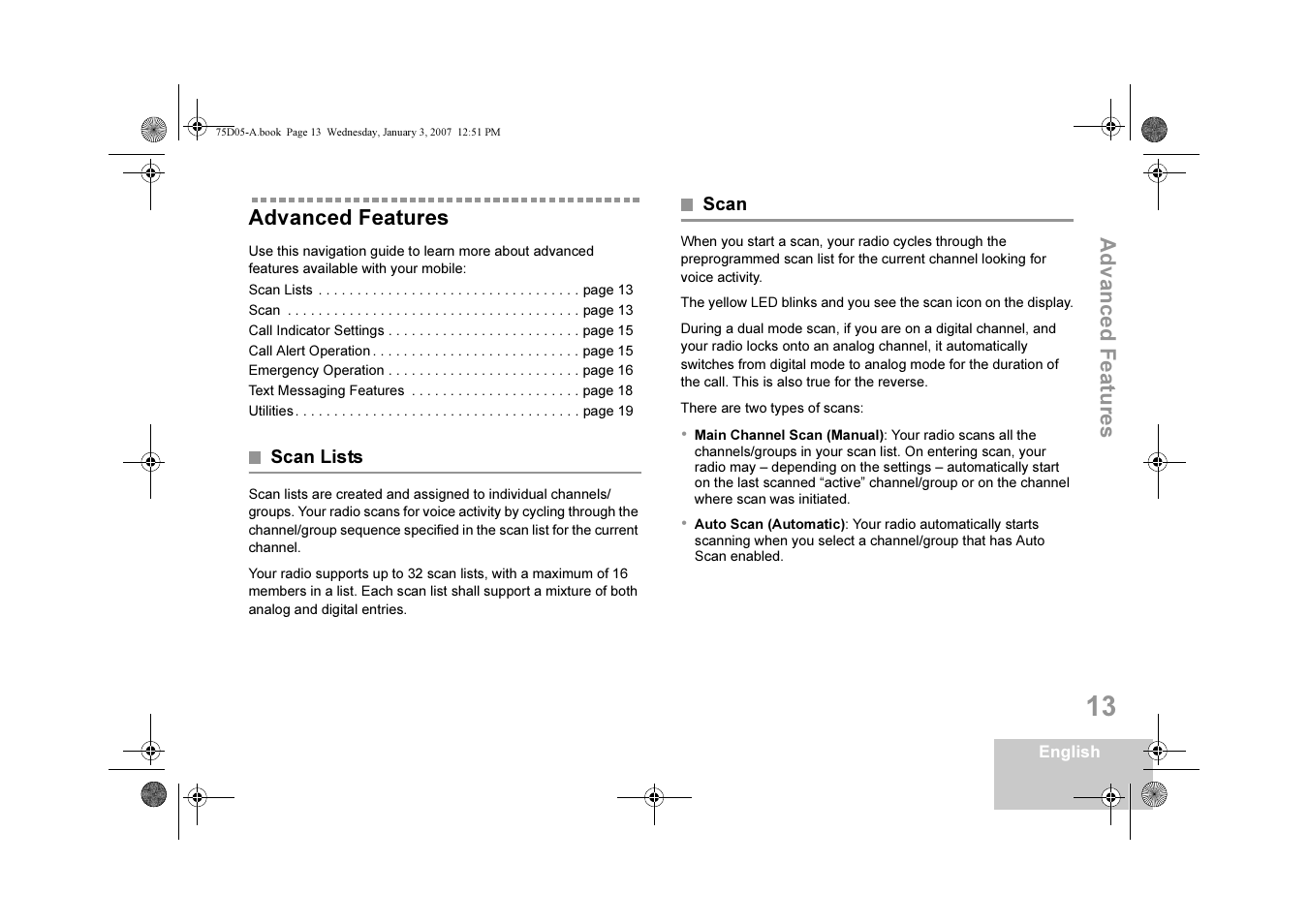 Advanced features, Scan lists, Scan | Scan lists scan, Advanced featur e s | Motorola DM 3400-3401 User Manual | Page 18 / 26