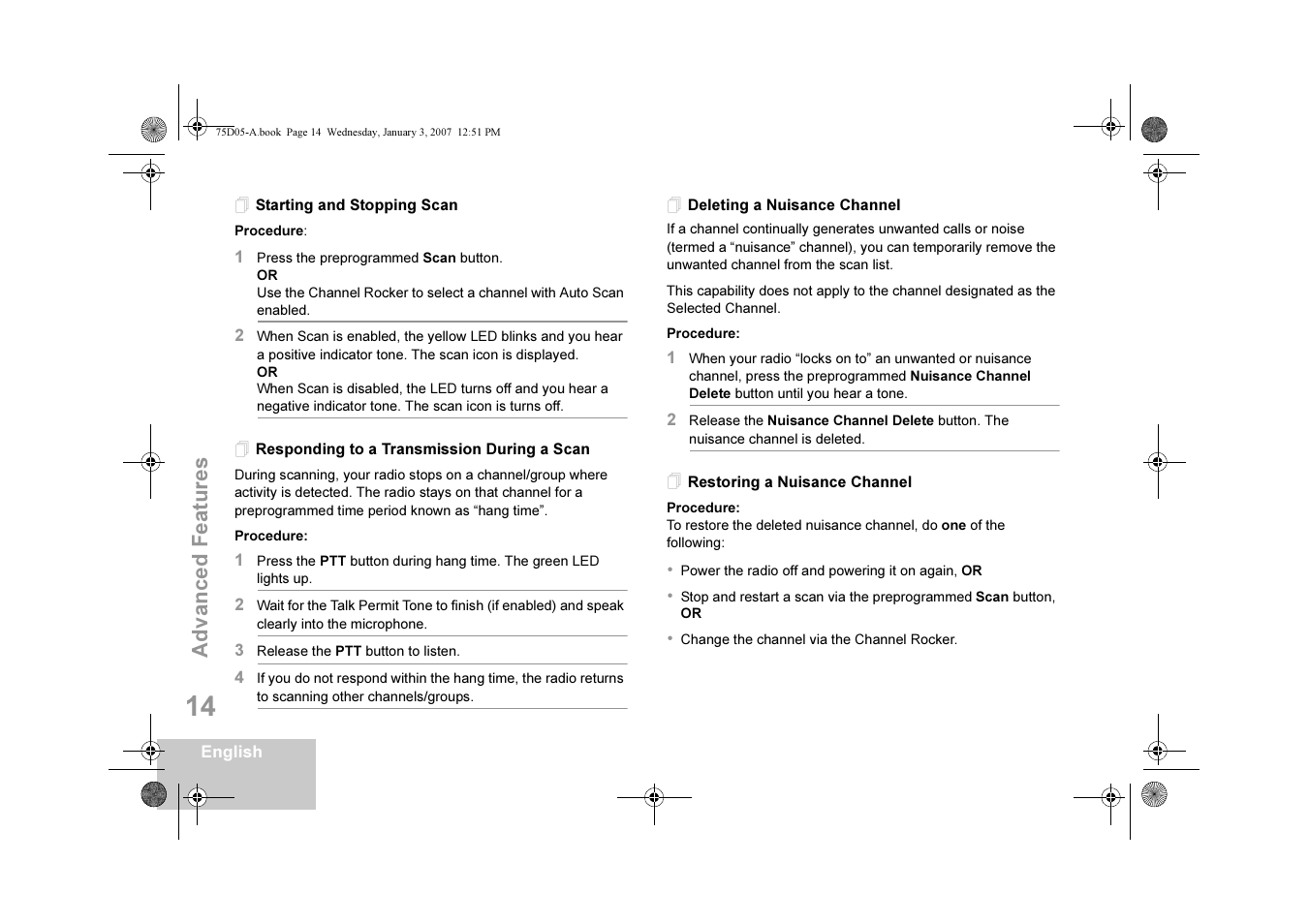 Starting and stopping scan, Responding to a transmission during a scan, Deleting a nuisance channel | Restoring a nuisance channel, Advanced featur e s | Motorola DM 3400-3401 User Manual | Page 19 / 26