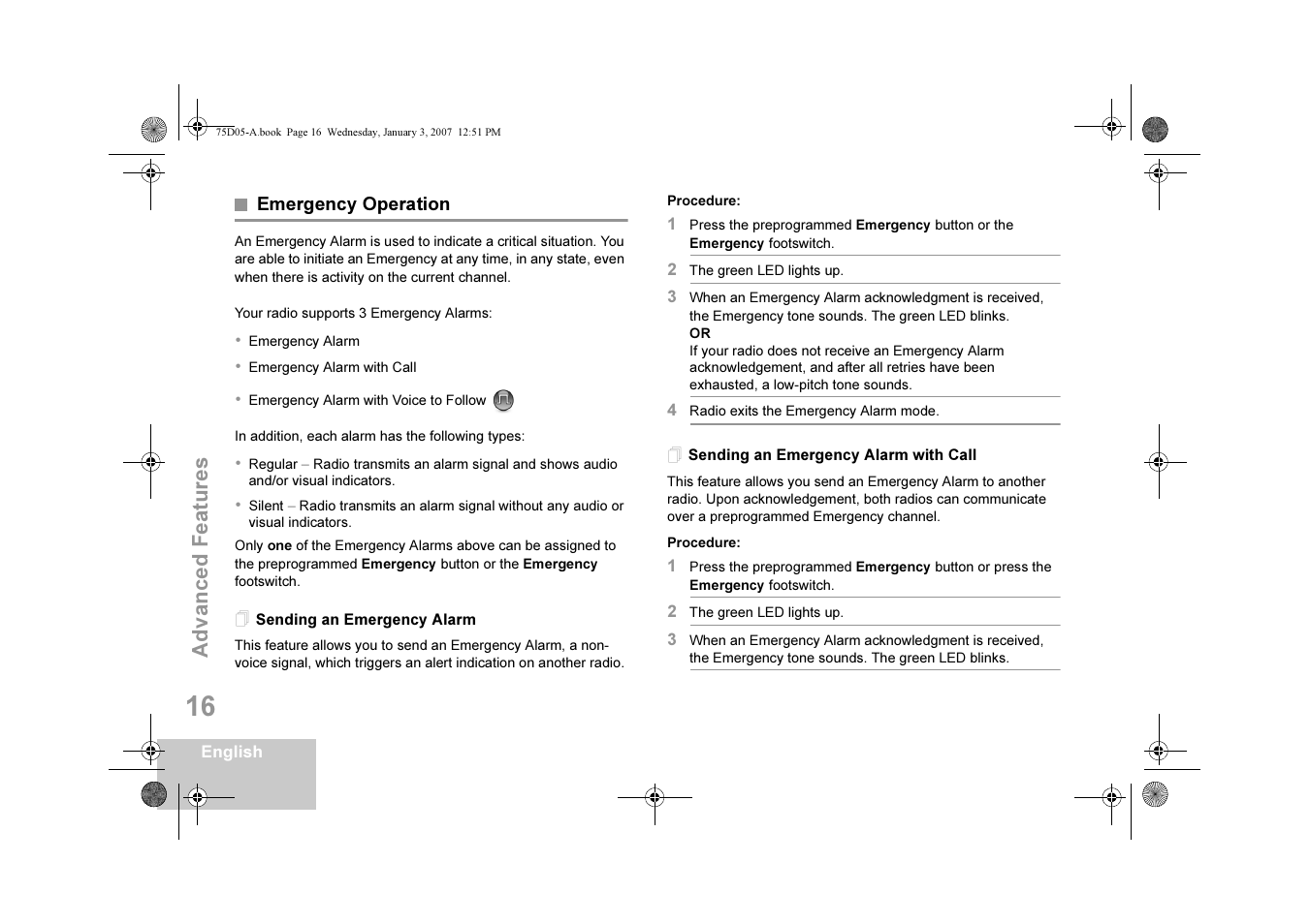 Emergency operation, Sending an emergency alarm, Sending an emergency alarm with call | Advanced featur e s | Motorola DM 3400-3401 User Manual | Page 21 / 26