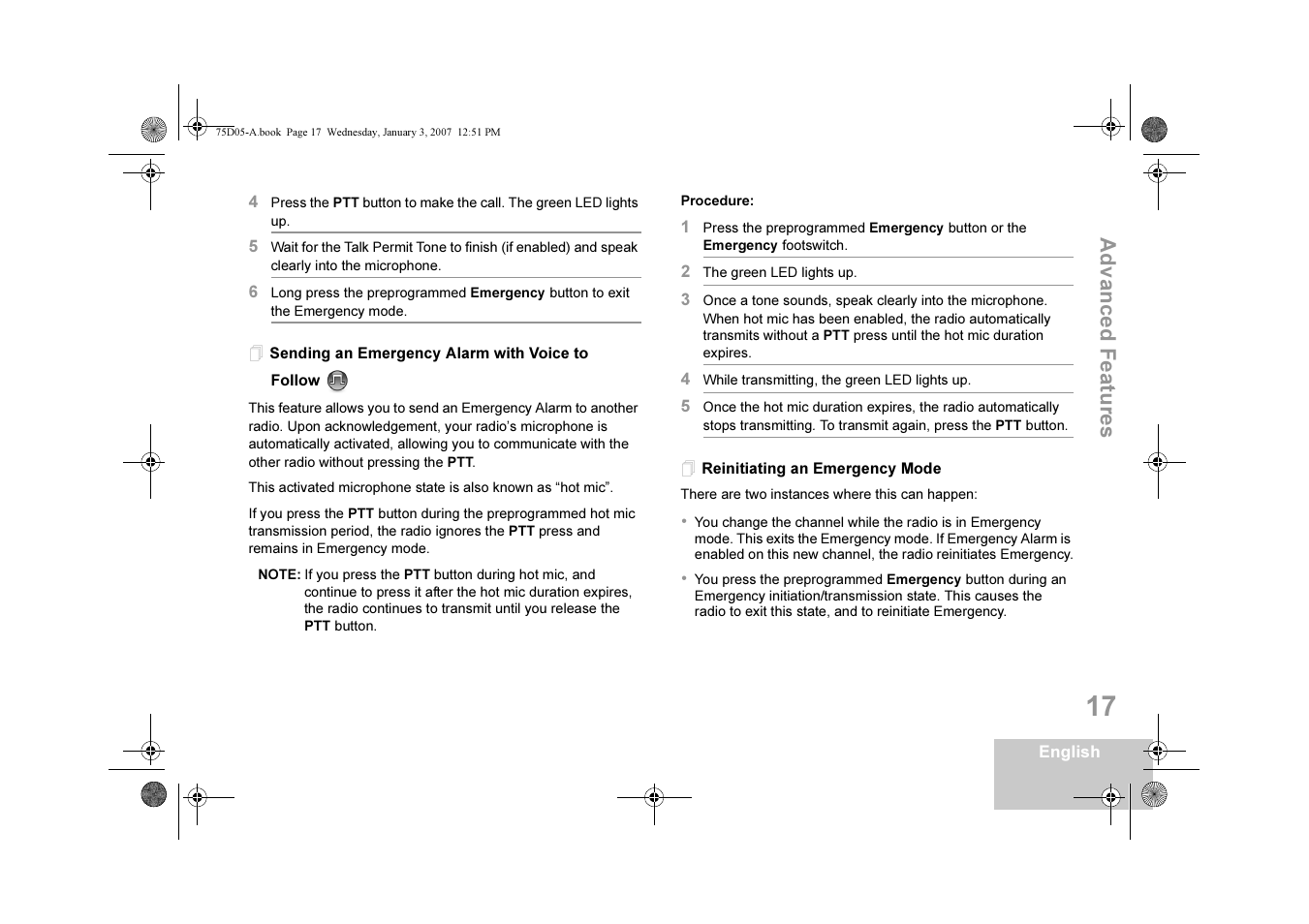 Sending an emergency alarm with voice to follow, Reinitiating an emergency mode, Advanced featur e s | Motorola DM 3400-3401 User Manual | Page 22 / 26