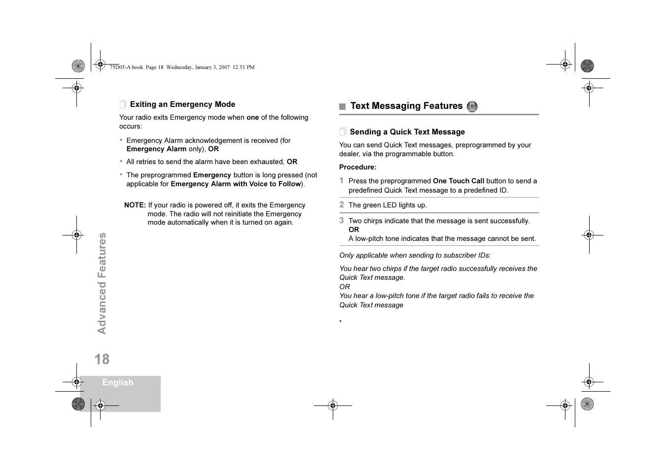 Exiting an emergency mode, Text messaging features, Sending a quick text message | Motorola DM 3400-3401 User Manual | Page 23 / 26