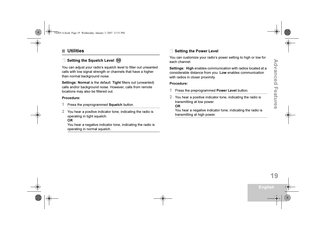 Utilities, Setting the squelch level, Setting the power level | Setting the squelch level setting the power level, Advanced featur e s | Motorola DM 3400-3401 User Manual | Page 24 / 26