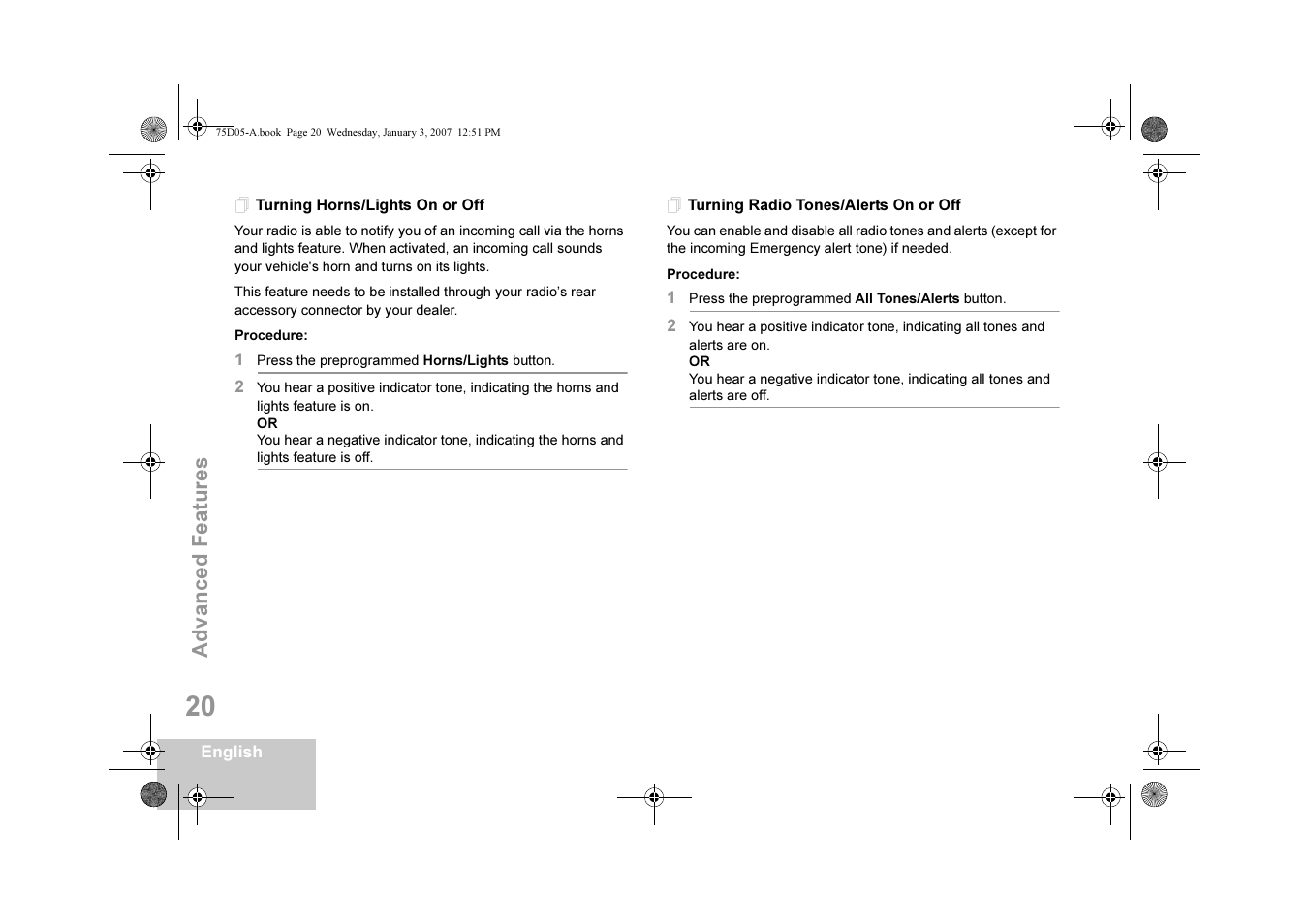 Turning horns/lights on or off, Turning radio tones/alerts on or off | Motorola DM 3400-3401 User Manual | Page 25 / 26