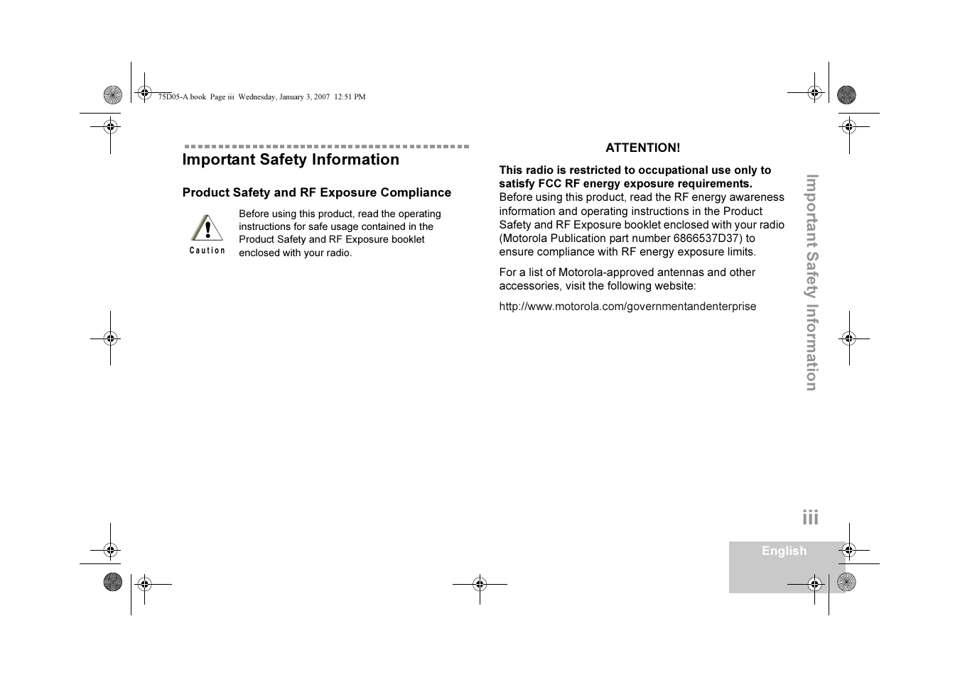 Important safety information, Product safety and rf exposure compliance, Product safety and rf exposure compliance . . .iii | Motorola DM 3400-3401 User Manual | Page 4 / 26