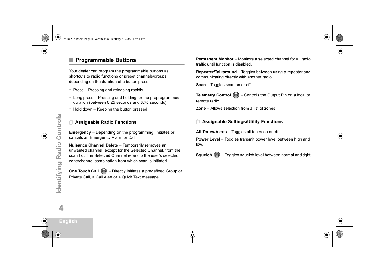 Programmable buttons, Assignable radio functions, Assignable settings/utility functions | Motorola DM 3400-3401 User Manual | Page 9 / 26