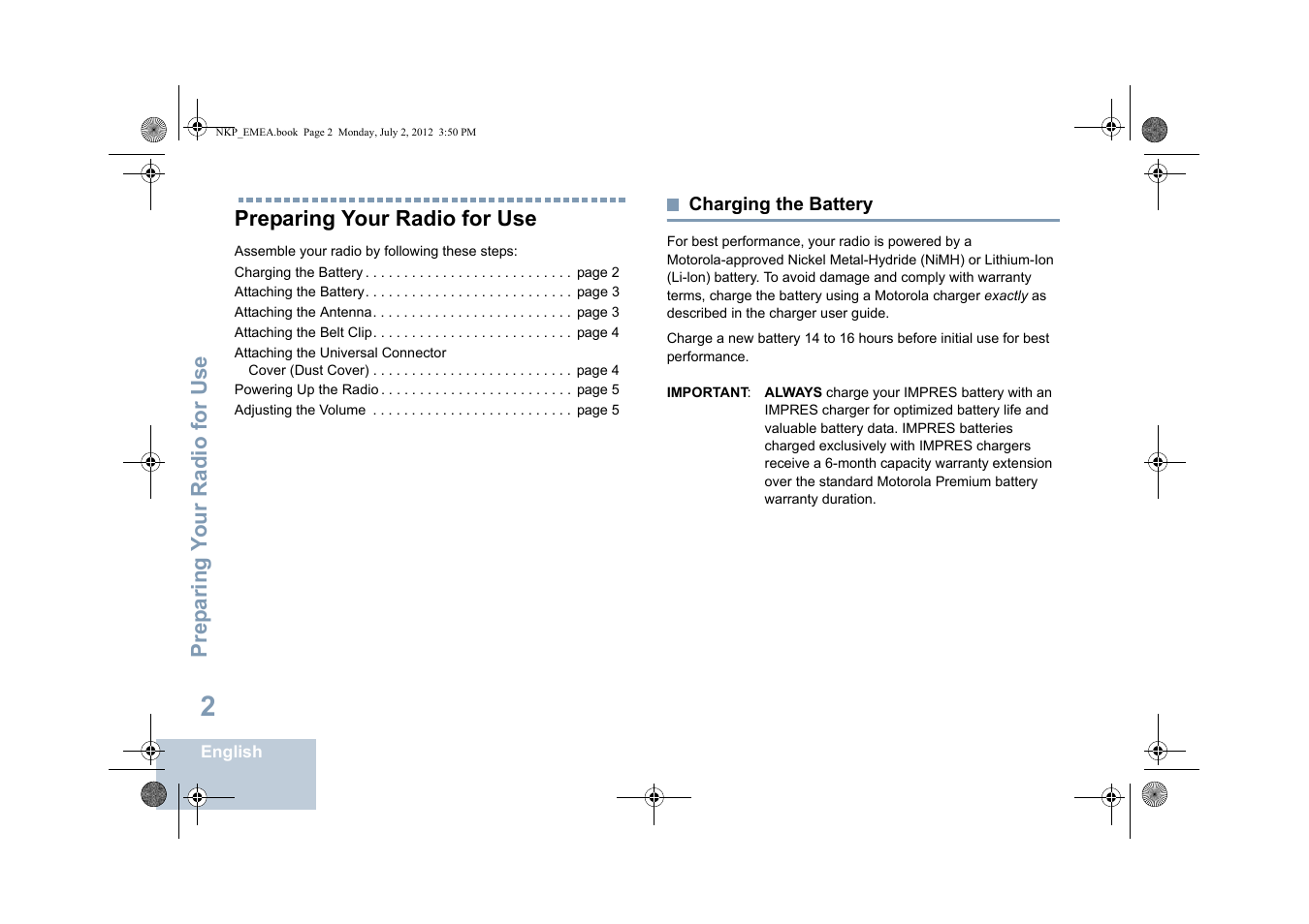 Preparing your radio for use, Charging the battery | Motorola DP 4400 UHF User Manual | Page 10 / 436