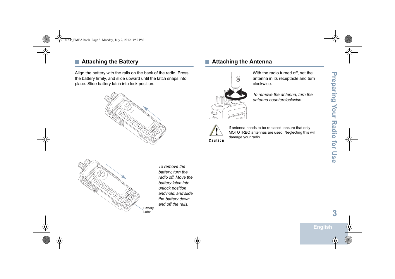 Attaching the battery, Attaching the antenna, Attaching the battery attaching the antenna | Motorola DP 4400 UHF User Manual | Page 11 / 436