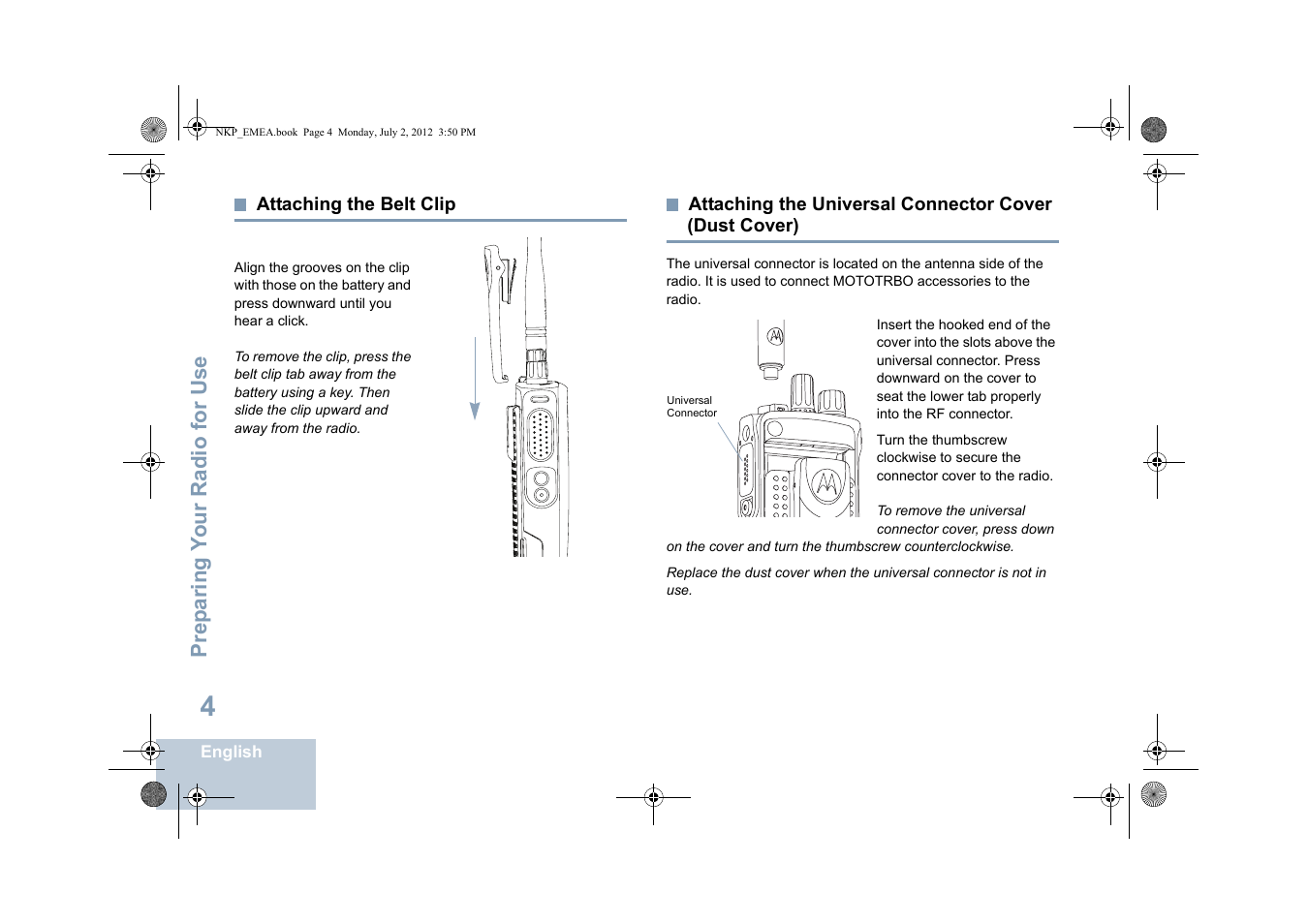 Attaching the belt clip, Dust cover) | Motorola DP 4400 UHF User Manual | Page 12 / 436