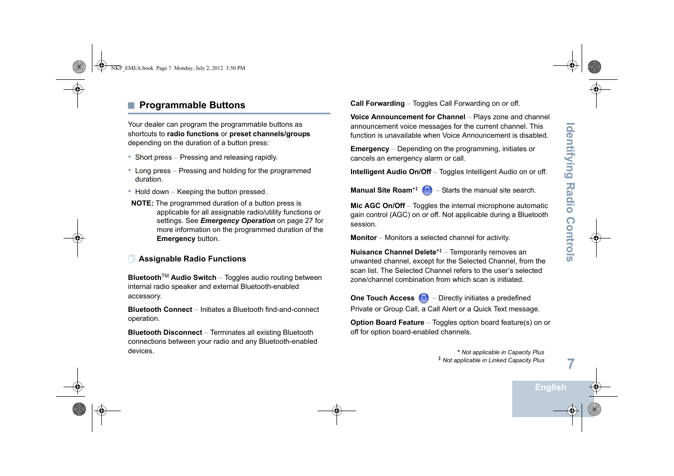 Programmable buttons, Assignable radio functions, Identifying radio controls | Motorola DP 4400 UHF User Manual | Page 15 / 436