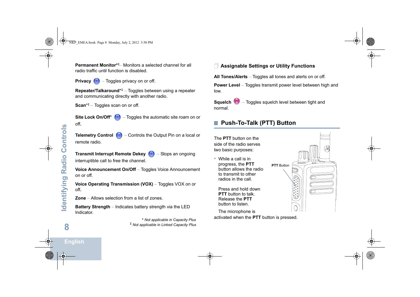 Assignable settings or utility functions, Push-to-talk (ptt) button, Identifying radio controls | Motorola DP 4400 UHF User Manual | Page 16 / 436