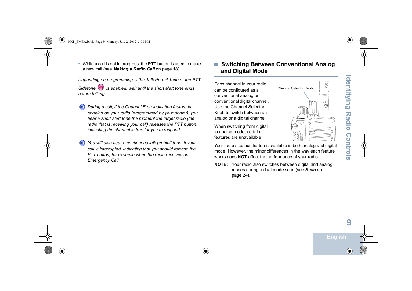 Switching between conventional analog and, Digital mode, Identifying radio controls | Motorola DP 4400 UHF User Manual | Page 17 / 436