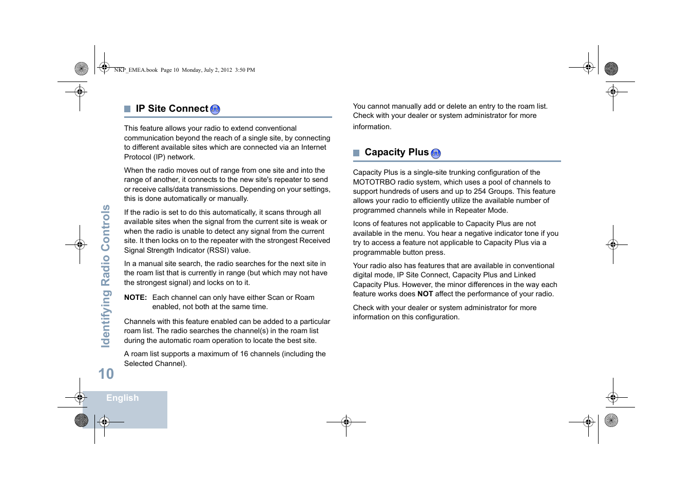 Ip site connect, Capacity plus, Ip site connect capacity plus | Identifying radio controls | Motorola DP 4400 UHF User Manual | Page 18 / 436