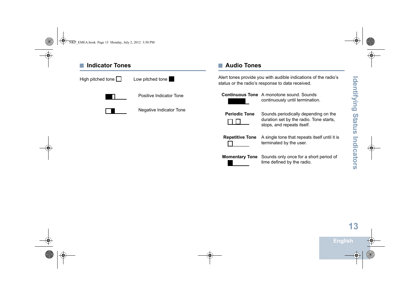 Indicator tones, Audio tones, Indicator tones audio tones | Identifying s tatus indicators | Motorola DP 4400 UHF User Manual | Page 21 / 436