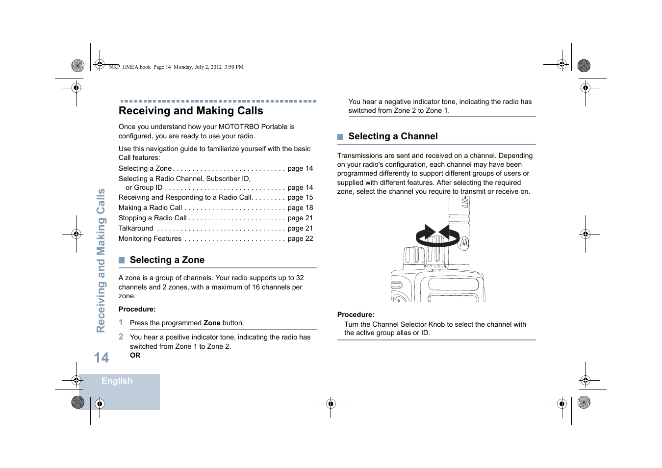 Receiving and making calls, Selecting a zone, Selecting a channel | Selecting a zone selecting a channel | Motorola DP 4400 UHF User Manual | Page 22 / 436