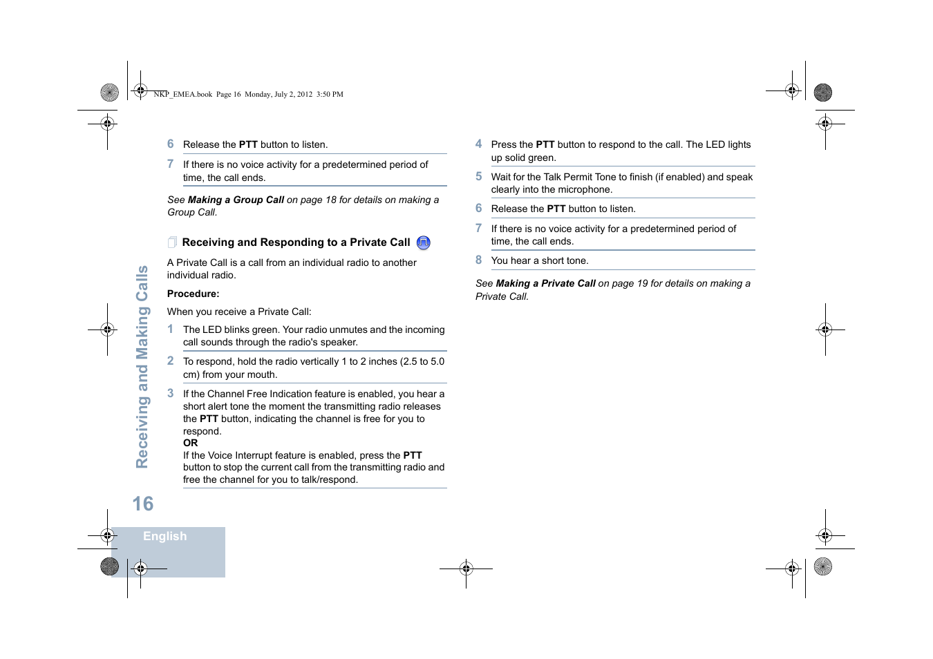 Receiving and responding to a private call, Receiving and making calls | Motorola DP 4400 UHF User Manual | Page 24 / 436