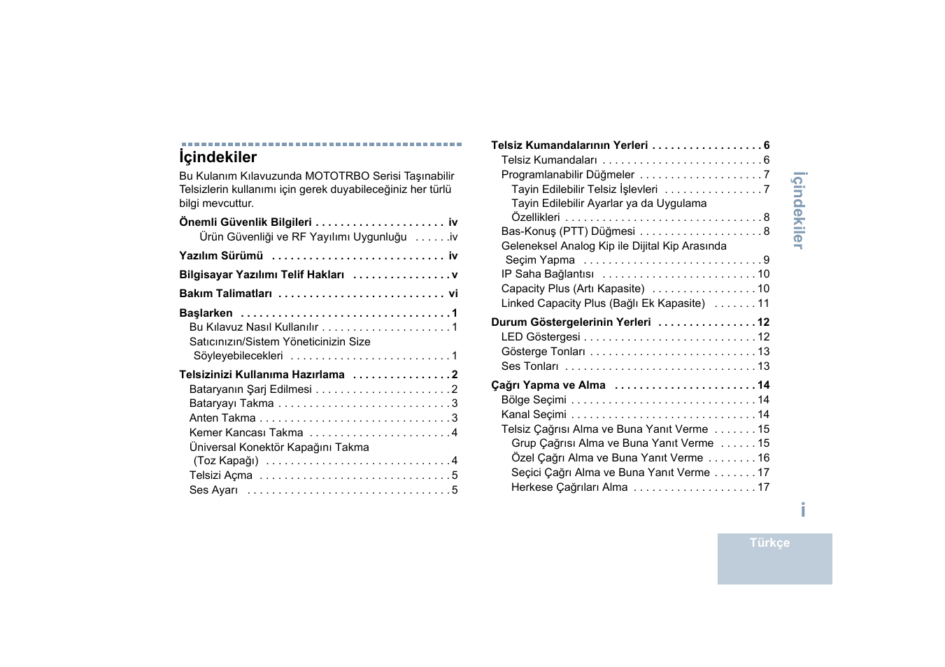 Türkçe, Içindekiler | Motorola DP 4400 UHF User Manual | Page 243 / 436