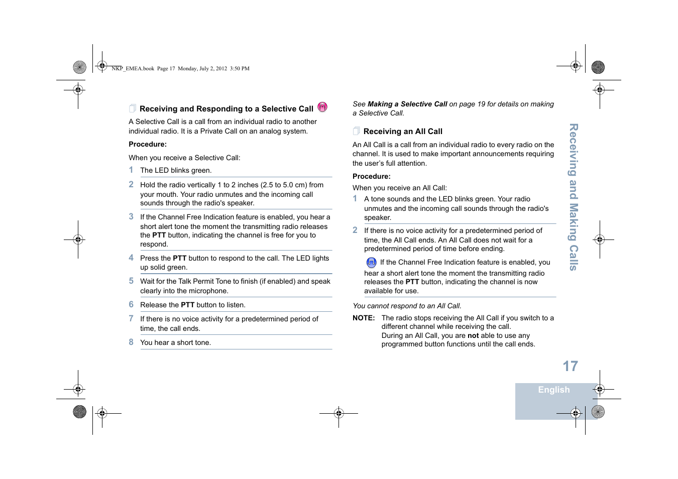 Receiving and responding to a selective call, Receiving an all call, Receiving and making calls | Motorola DP 4400 UHF User Manual | Page 25 / 436