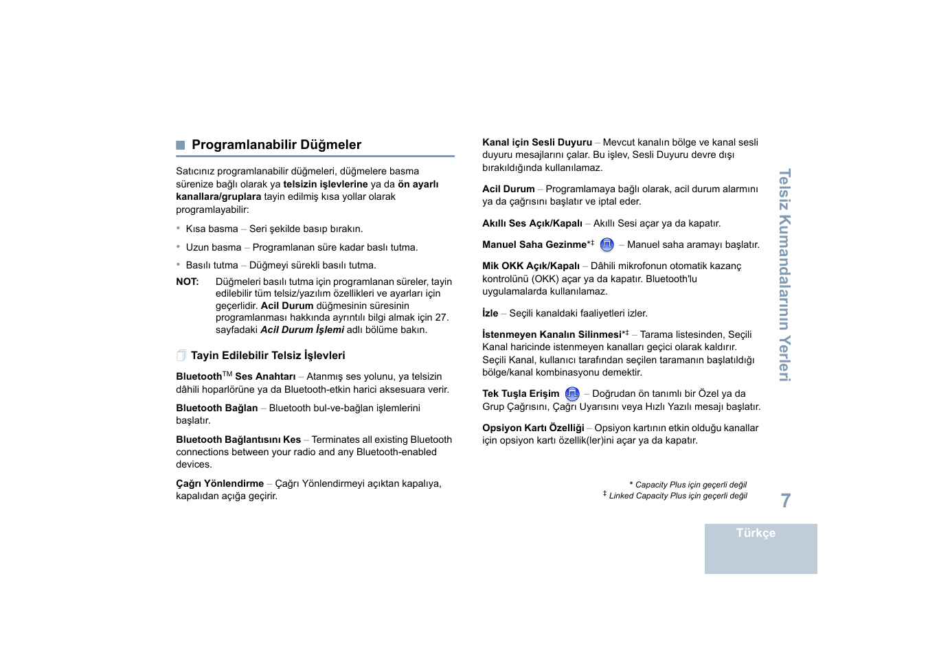 Programlanabilir düğmeler, Tayin edilebilir telsiz işlevleri, Sayfa | Te lsiz kumandalar ın ın y erl eri | Motorola DP 4400 UHF User Manual | Page 255 / 436