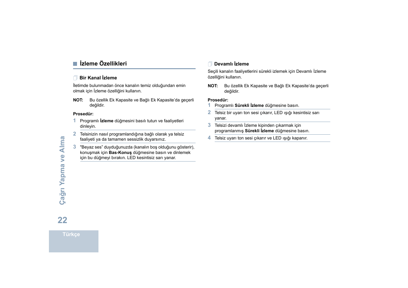 Izleme özellikleri, Bir kanal izleme, Devamlı izleme | Bir kanal izleme devamlı izleme, Sayfa | Motorola DP 4400 UHF User Manual | Page 270 / 436