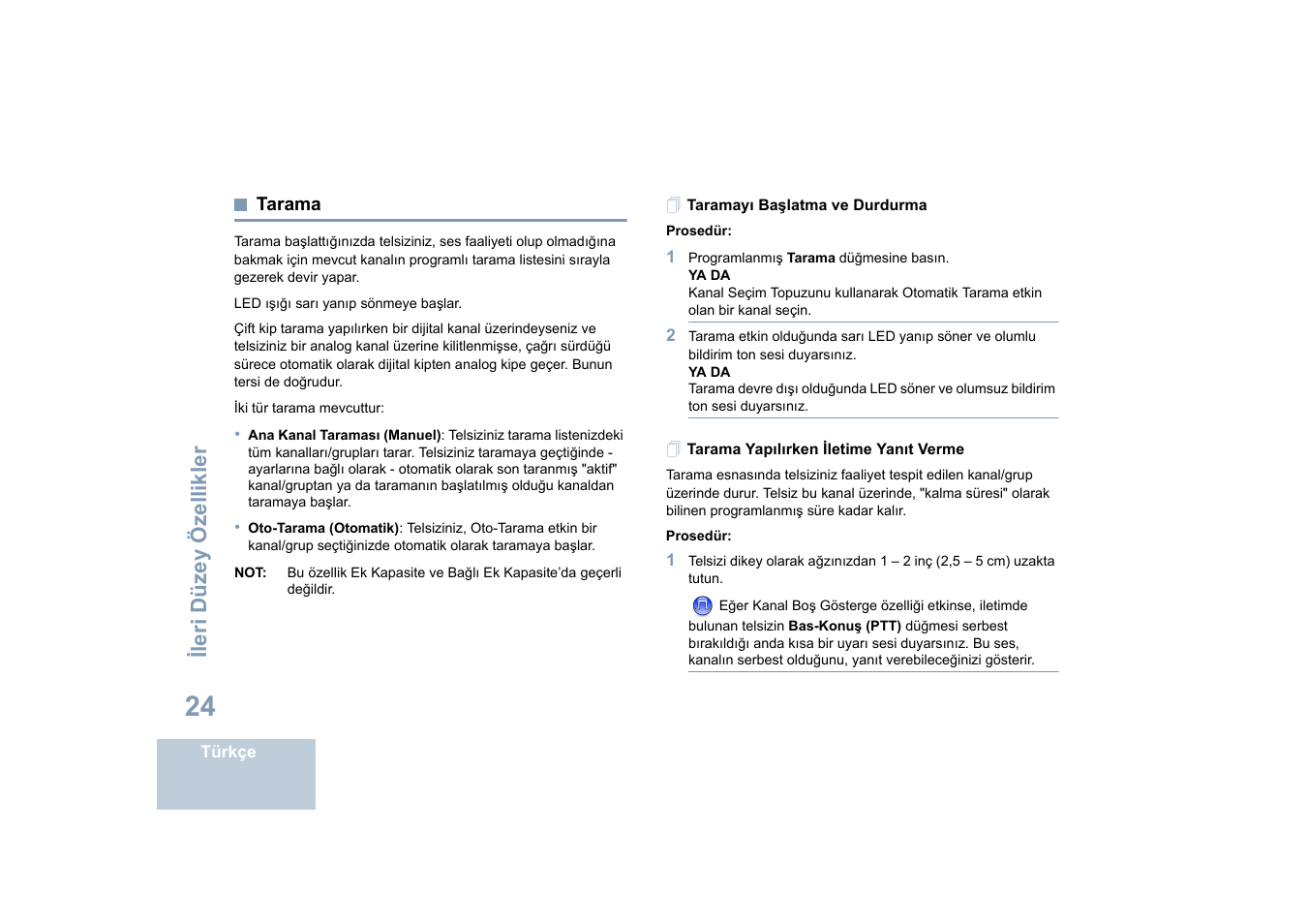 Tarama, Taramayı başlatma ve durdurma, Tarama yapılırken iletime yanıt verme | Sayfa, Ileri düzey özellikler | Motorola DP 4400 UHF User Manual | Page 272 / 436