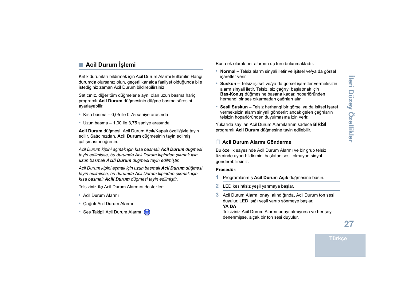 Acil durum işlemi, Acil durum alarmı gönderme, Sayfa | Ileri düzey özellikler | Motorola DP 4400 UHF User Manual | Page 275 / 436