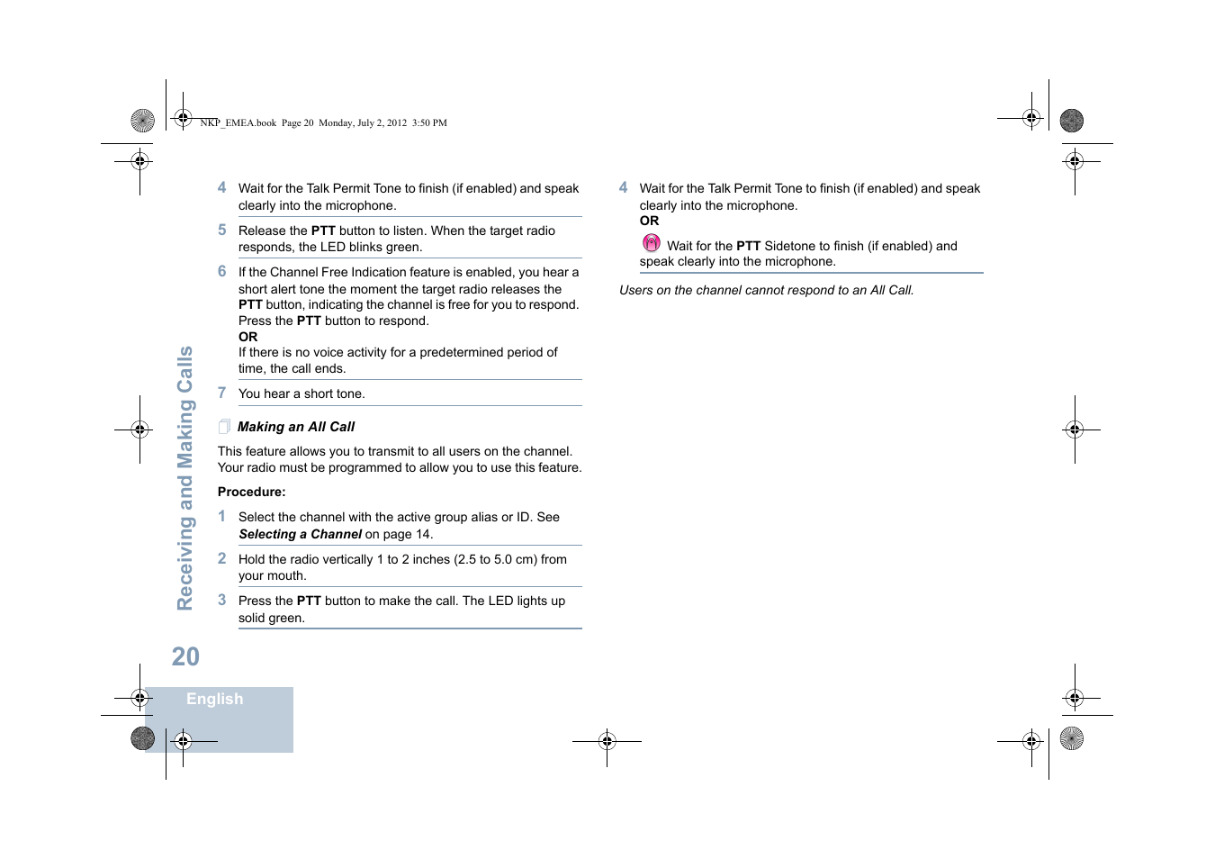 Making an all call, Receiving and making calls | Motorola DP 4400 UHF User Manual | Page 28 / 436