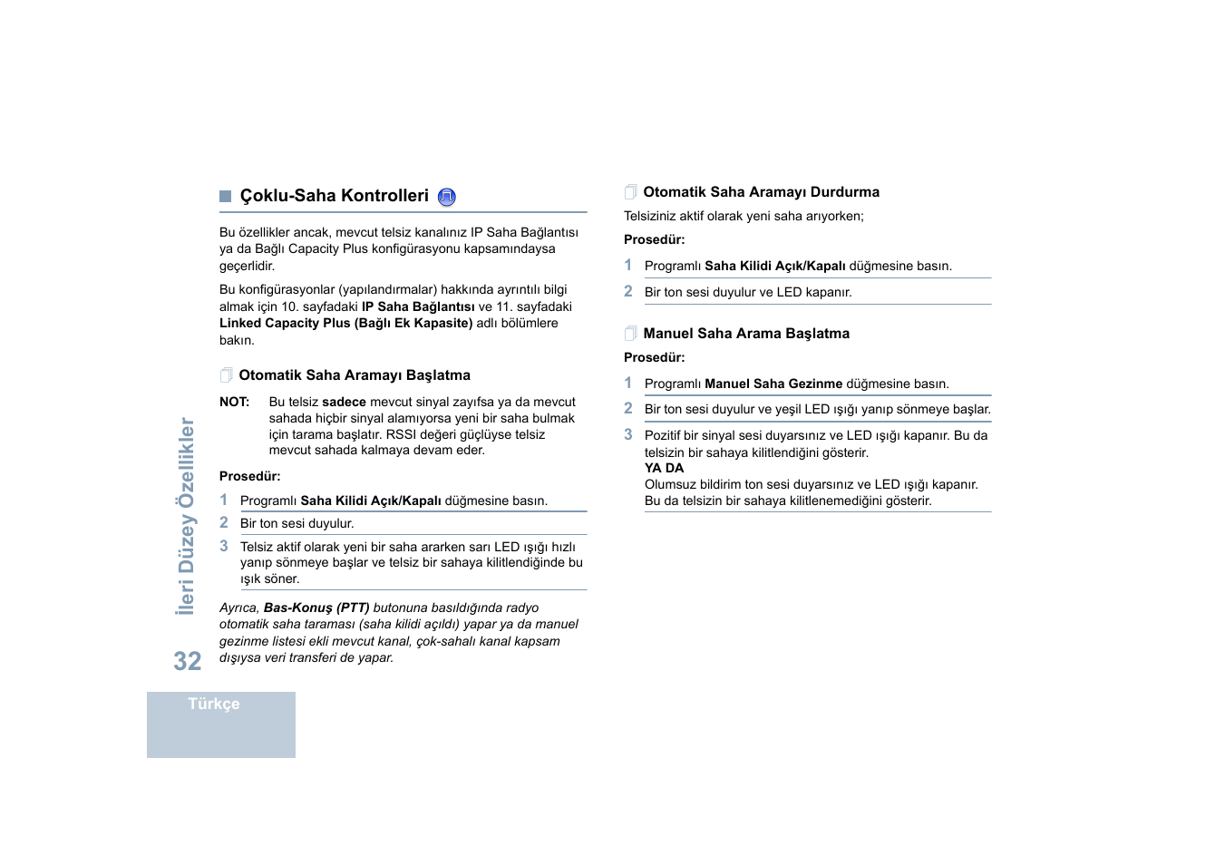 Çoklu-saha kontrolleri, Otomatik saha aramayı başlatma, Otomatik saha aramayı durdurma | Manuel saha arama başlatma, Sayfa, Ileri düzey özellikler | Motorola DP 4400 UHF User Manual | Page 280 / 436