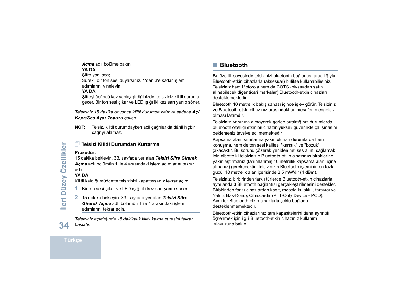 Telsizi kilitli durumdan kurtarma, Bluetooth, Sayfa | Motorola DP 4400 UHF User Manual | Page 282 / 436