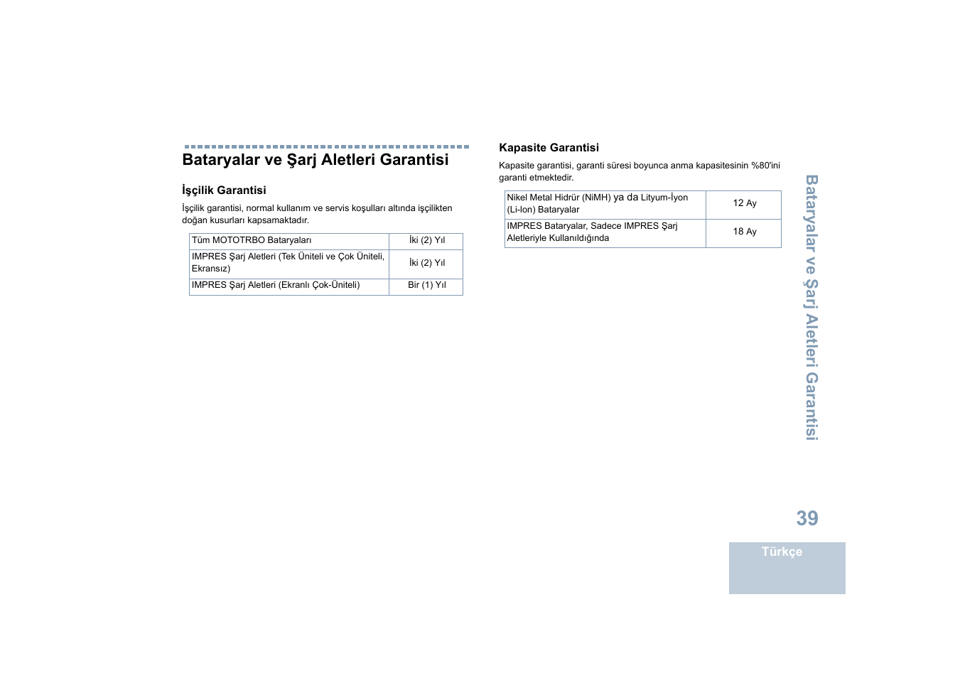 Bataryalar ve şarj aletleri garantisi, Bataryalar ve ş arj aletleri garantisi | Motorola DP 4400 UHF User Manual | Page 287 / 436