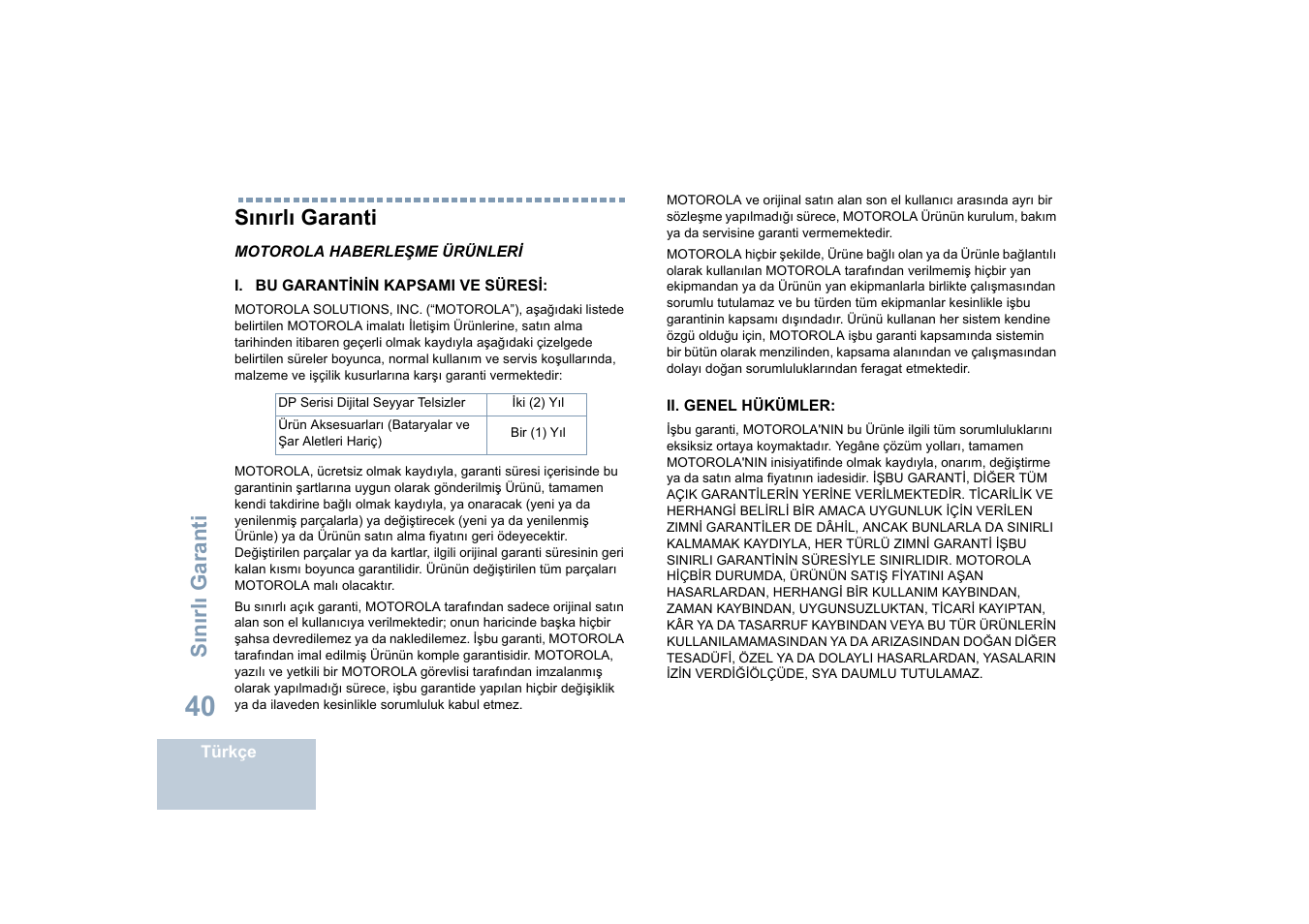 Sınırlı garanti | Motorola DP 4400 UHF User Manual | Page 288 / 436