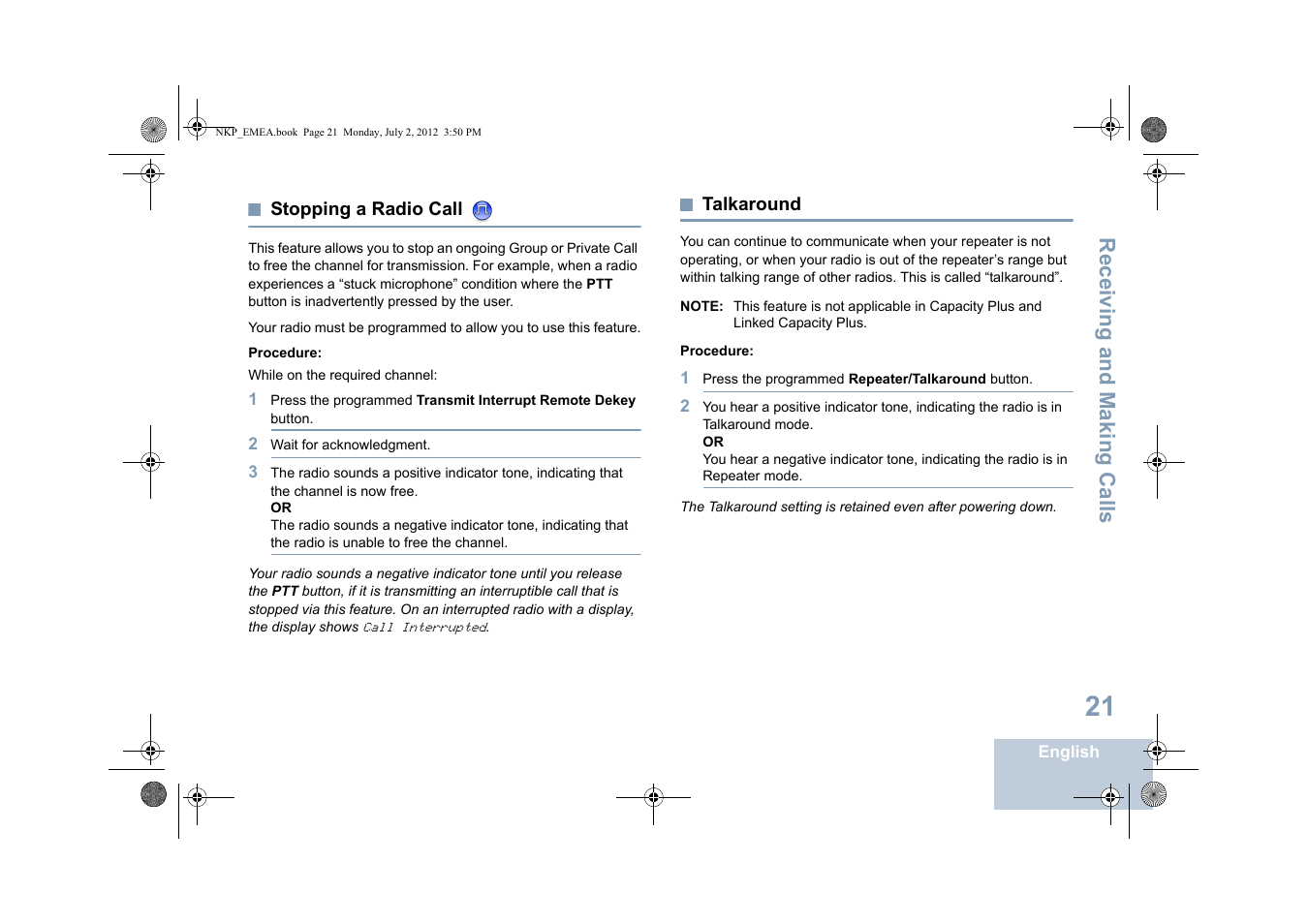 Stopping a radio call, Talkaround, Stopping a radio call talkaround | Receiving and making calls | Motorola DP 4400 UHF User Manual | Page 29 / 436