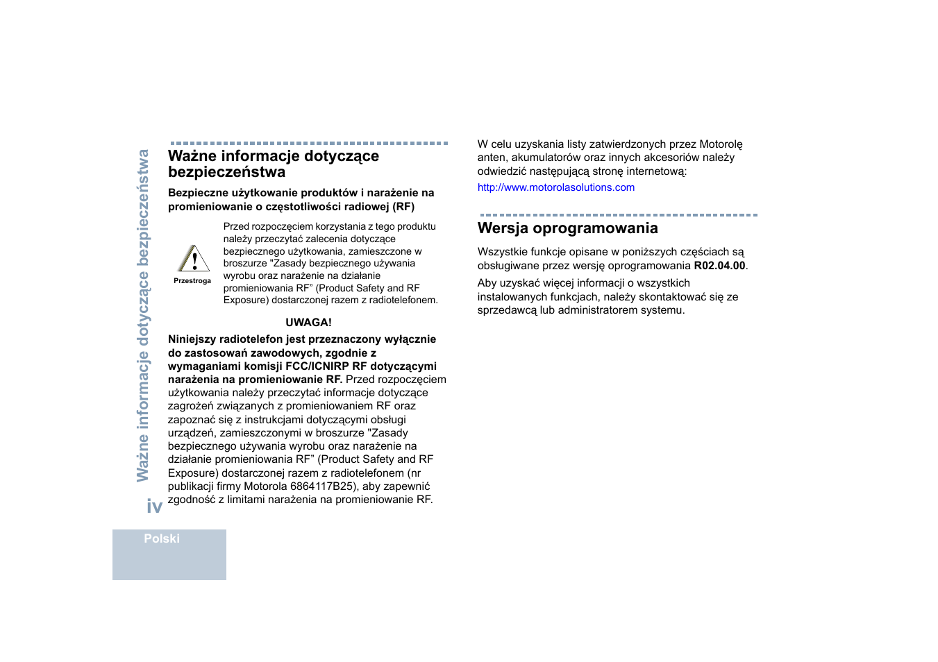 Ważne informacje dotyczące bezpieczeństwa, Wersja oprogramowania | Motorola DP 4400 UHF User Manual | Page 294 / 436