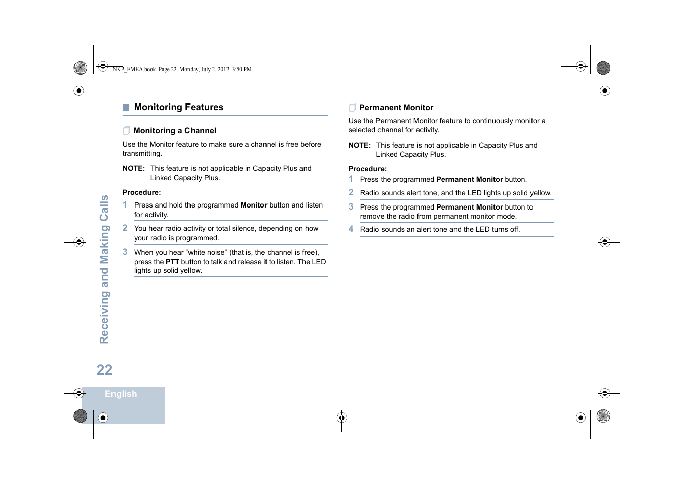 Monitoring features, Monitoring a channel, Permanent monitor | Monitoring a channel permanent monitor, Receiving and making calls | Motorola DP 4400 UHF User Manual | Page 30 / 436