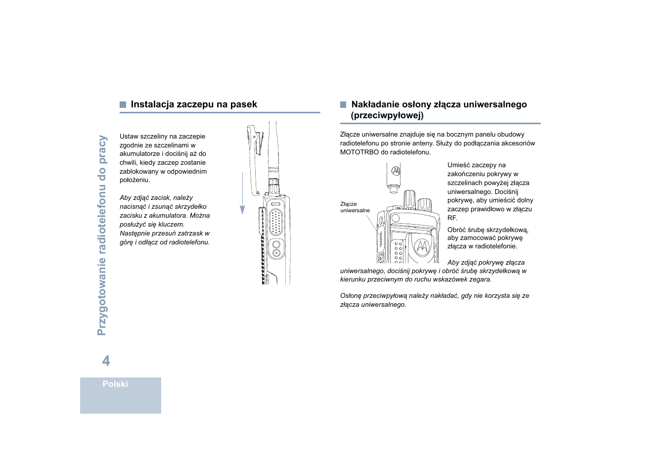 Instalacja zaczepu na pasek, Przeciwpyłowej) | Motorola DP 4400 UHF User Manual | Page 300 / 436