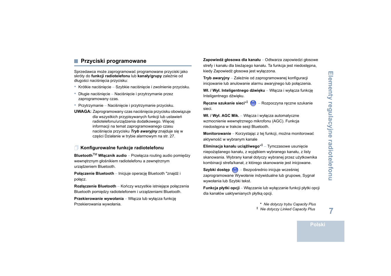 Przyciski programowane, Konfigurowalne funkcje radiotelefonu, Elementy regulacyjne radiotelefonu | Motorola DP 4400 UHF User Manual | Page 303 / 436