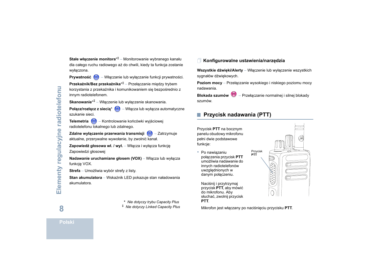 Konfigurowalne ustawienia/narzędzia, Przycisk nadawania (ptt), Elementy regulacyjne radiotelefonu | Motorola DP 4400 UHF User Manual | Page 304 / 436