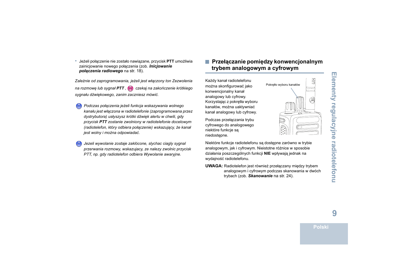 Przełączanie pomiędzy konwencjonalnym trybem, Analogowym a cyfrowym, Elementy regulacyjne radiotelefonu | Motorola DP 4400 UHF User Manual | Page 305 / 436