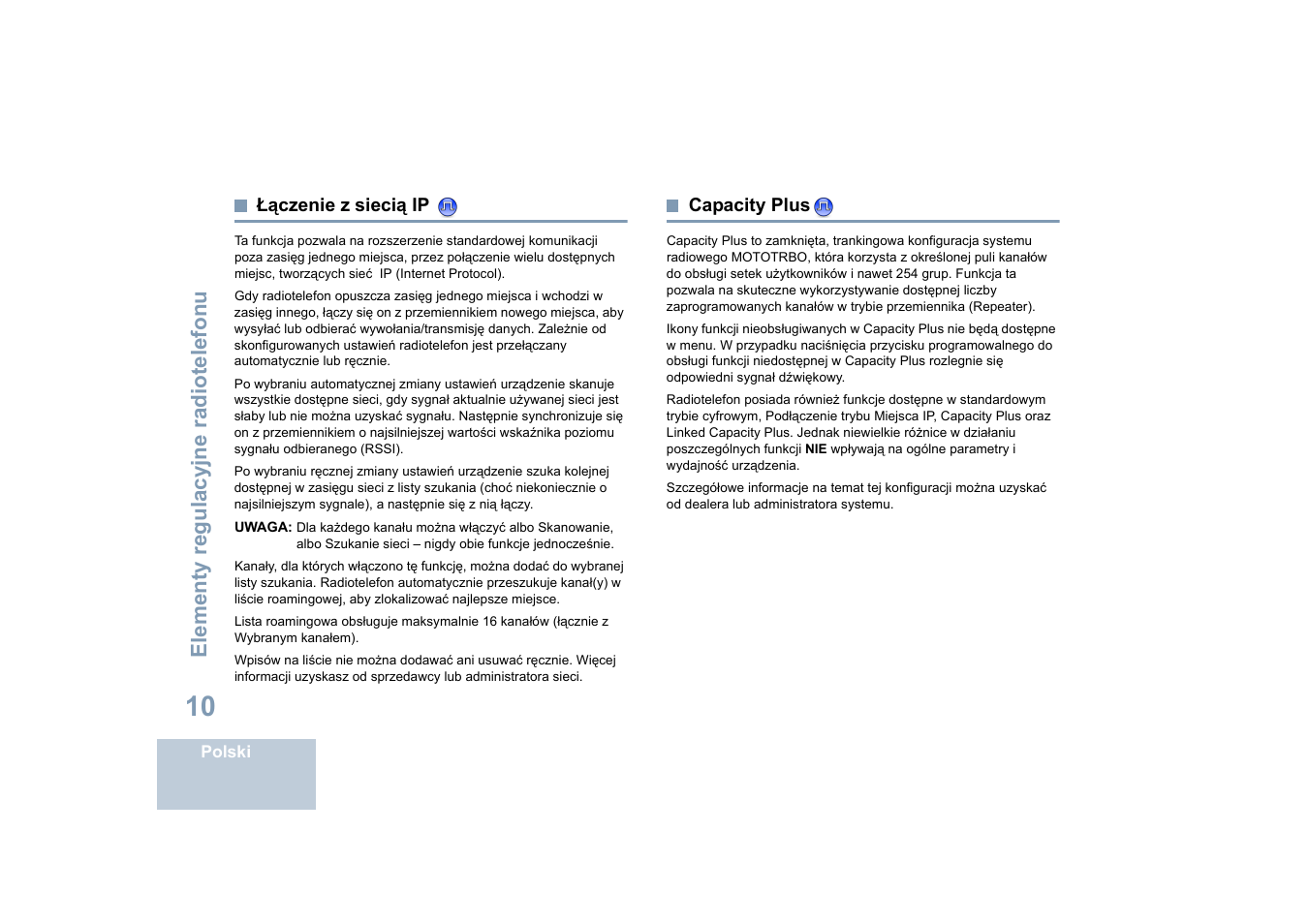 Łączenie z siecią ip, Capacity plus, Łączenie z siecią ip capacity plus | E łączenie z siecią ip na, Elementy regulacyjne radiotelefonu | Motorola DP 4400 UHF User Manual | Page 306 / 436