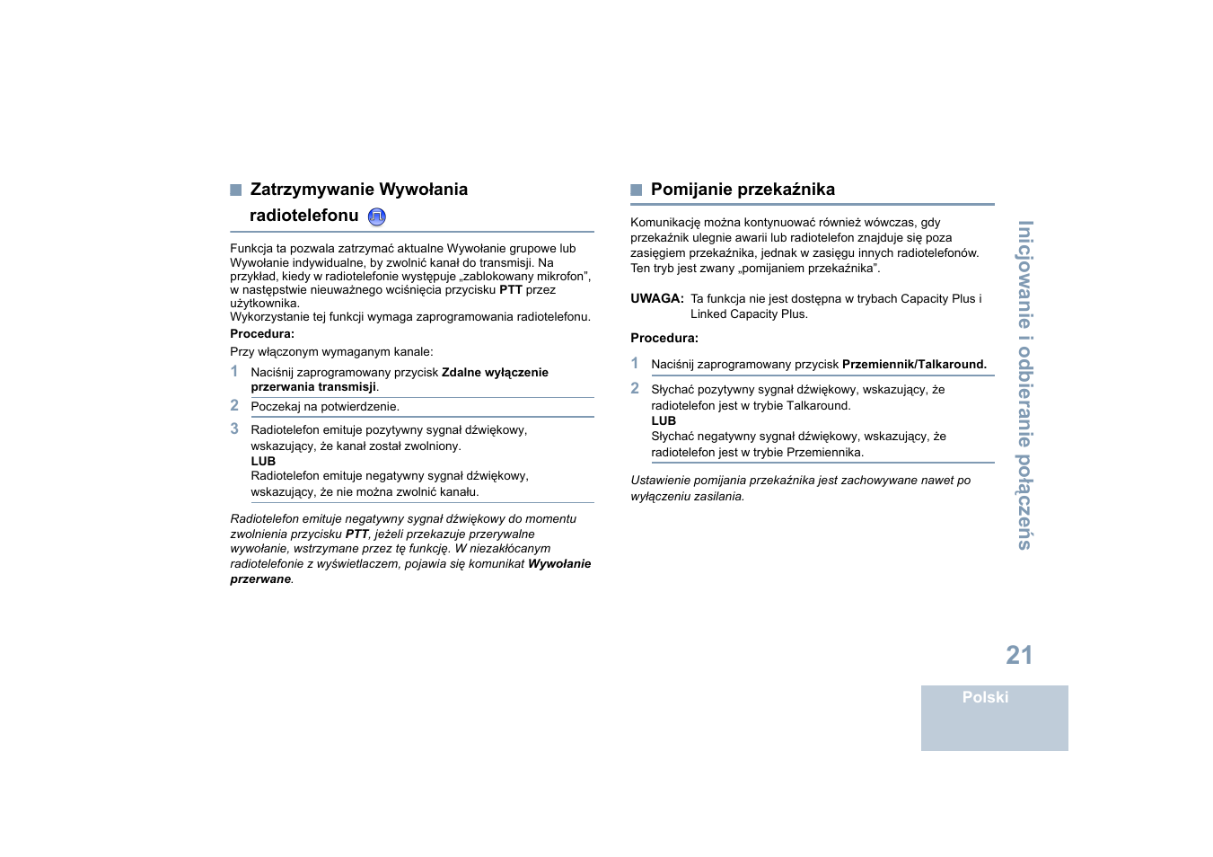 Zatrzymywanie wywołania radiotelefonu, Pomijanie przekaźnika, Zatrzymywanie wywołania | Radiotelefonu | Motorola DP 4400 UHF User Manual | Page 317 / 436